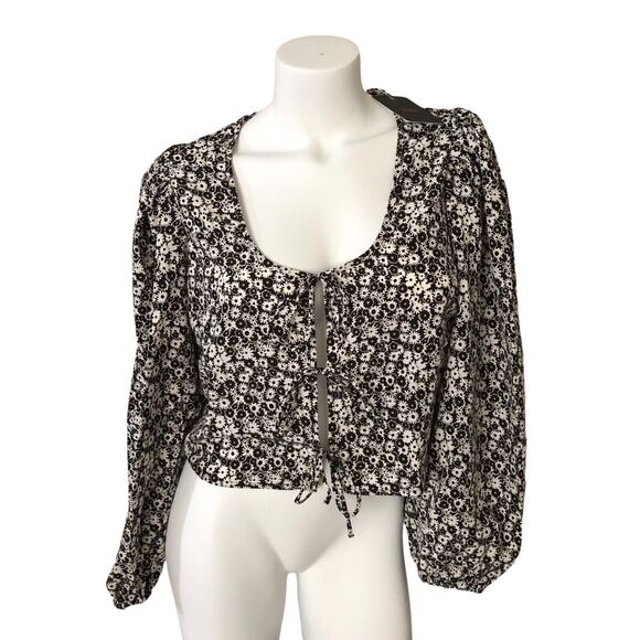 NEW Levi's Embry Tie Front Blouse L Puff Balloon Sleeve Cropped Crop Top Floral - Picture 3 of 9